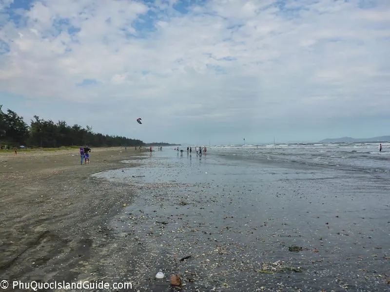 A wide shot of a sandy beach with people walking, ocean waves, and a line of trees along the shore under a cloudy sky. A kite is visible in the air.
