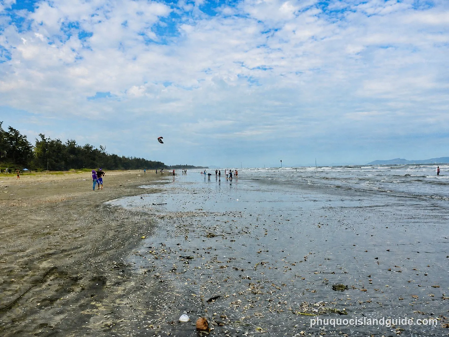 A wide shot of a sandy beach with people walking, ocean waves, and a line of trees along the shore under a cloudy sky.