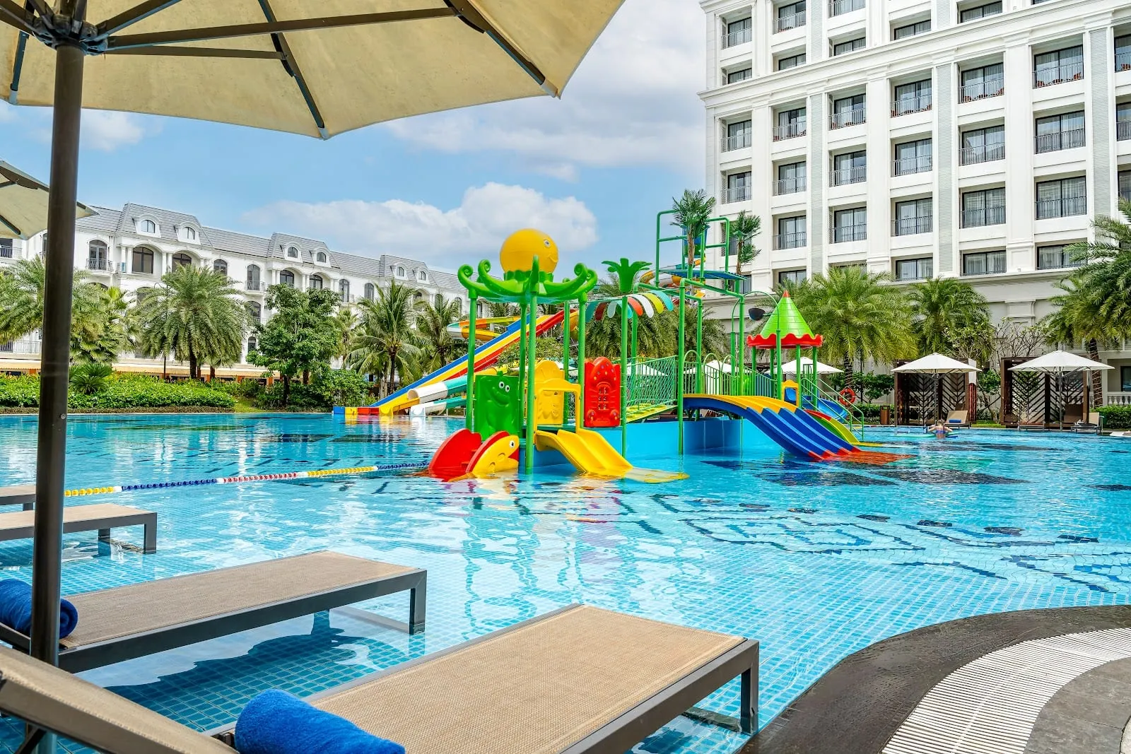 A children’s water playground with slides in the pool at Wyndham Garden Grandworld, Phu Quoc