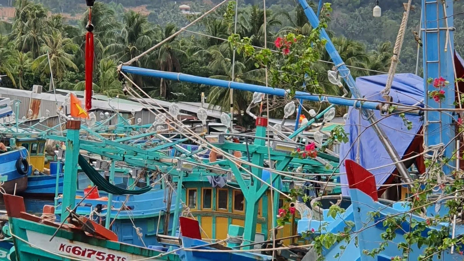 Brightly painted fishing boats with red flags moored close together in the Duong Dong river in early February