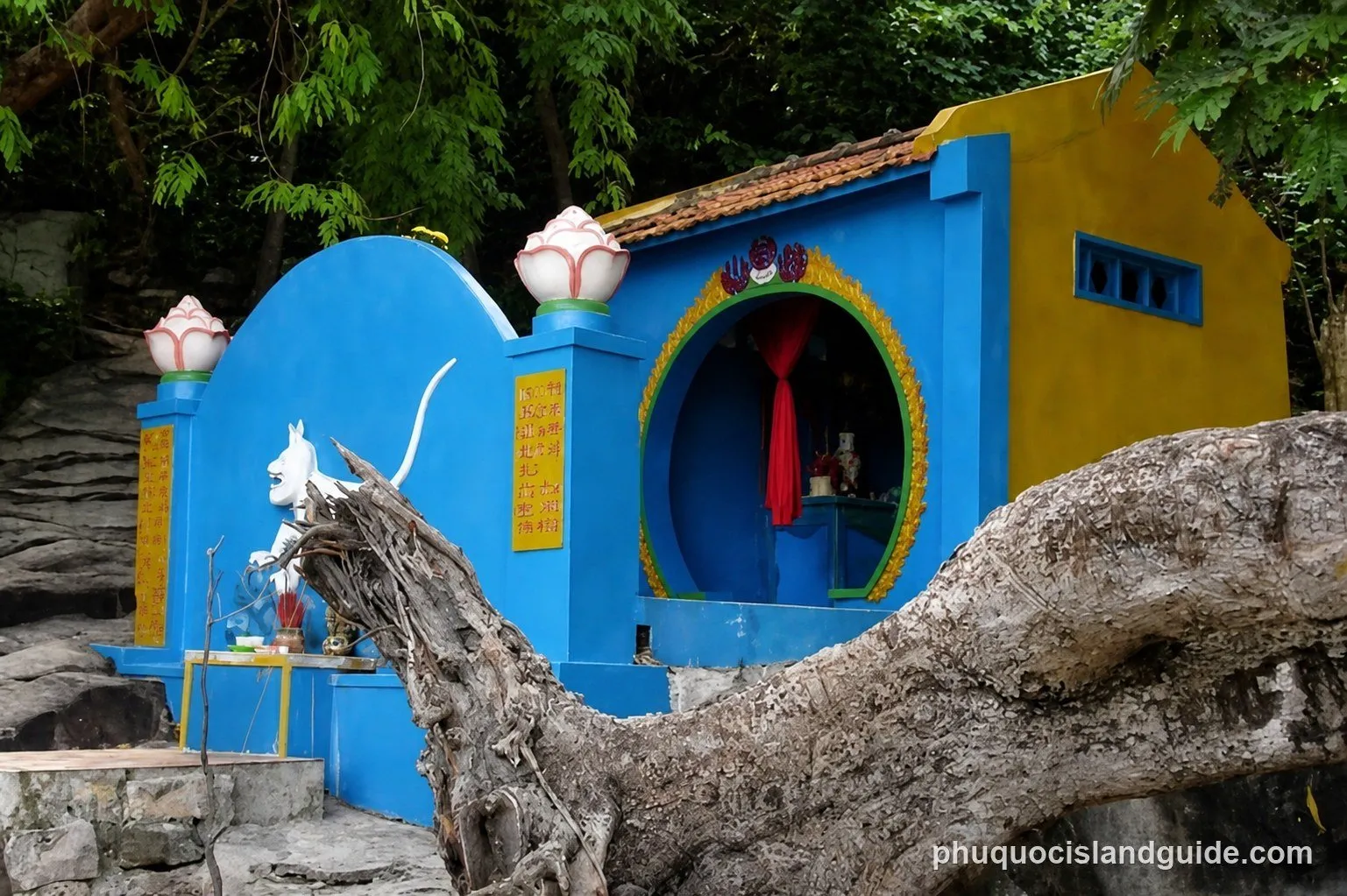 Blue and yellow shrine at the Gieng Tien well, under a large tree