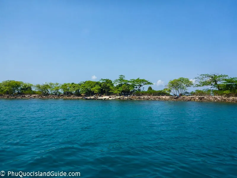 A view of a small, lush green island or coastline from the clear blue ocean under a bright sky. The island is covered with tropical trees and rocky shores.