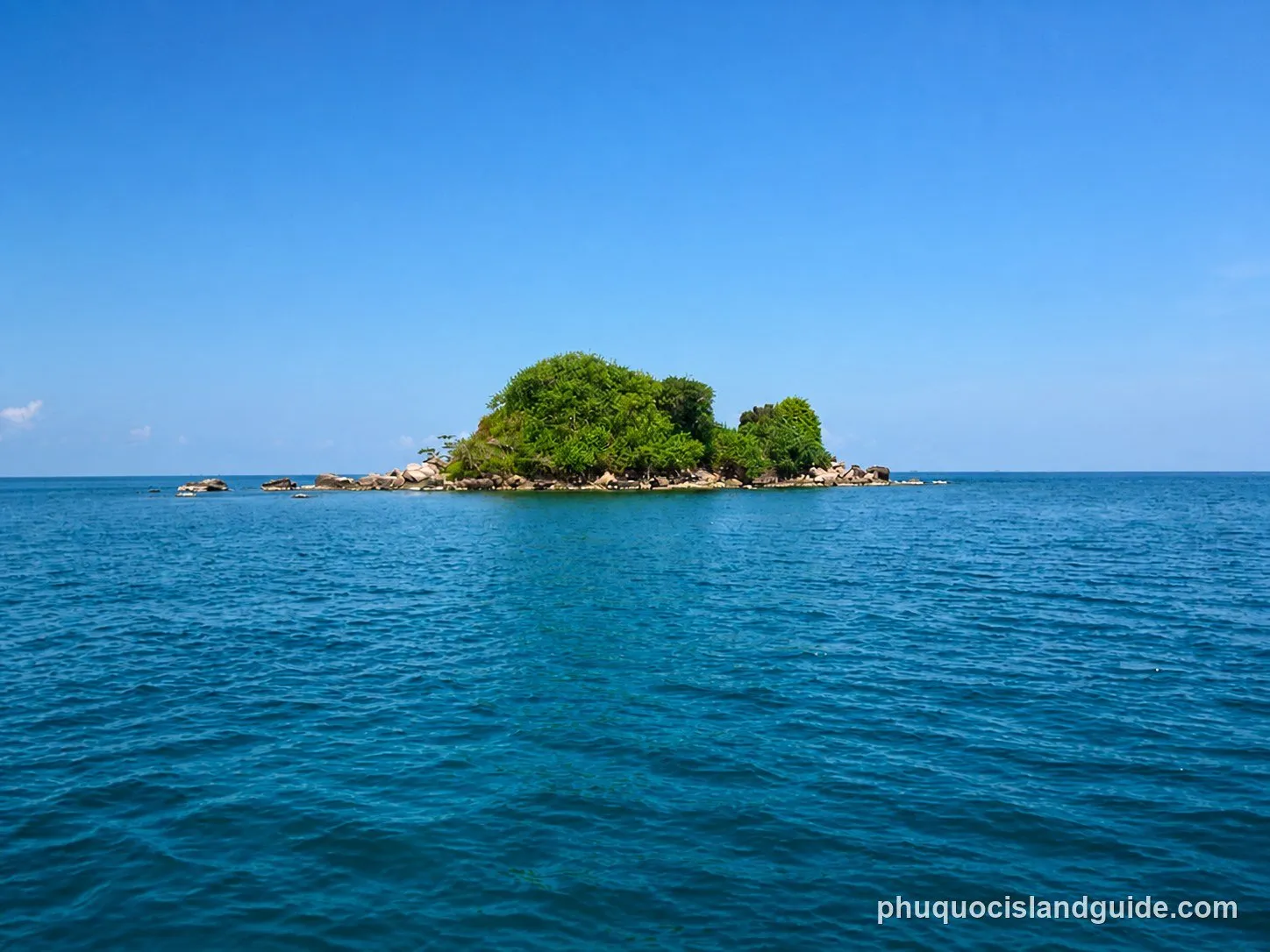 Small green island with rocky shores in a calm blue sea