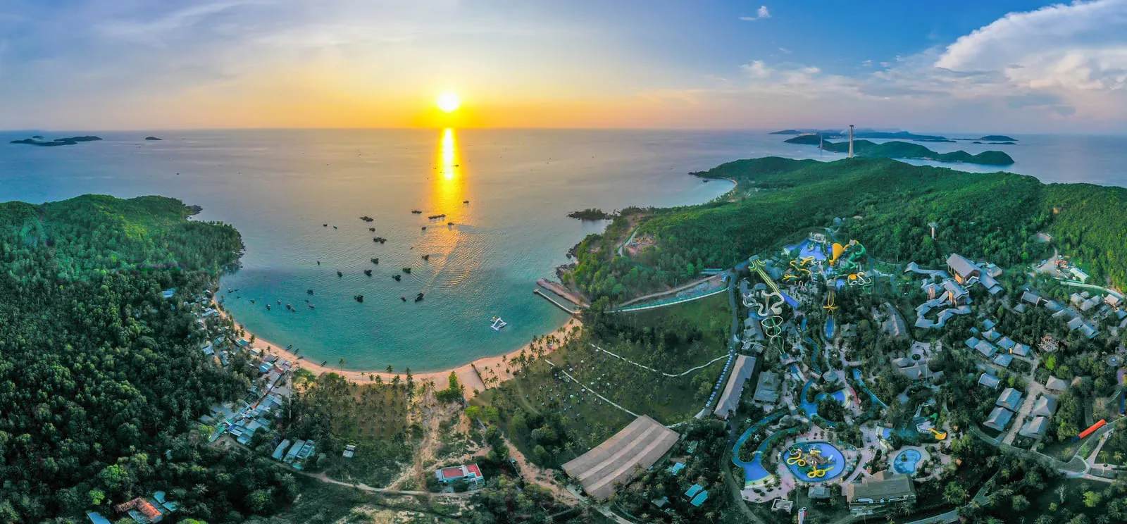 Aerial panorama of Hon Thom and the An Thoi islands at sunset