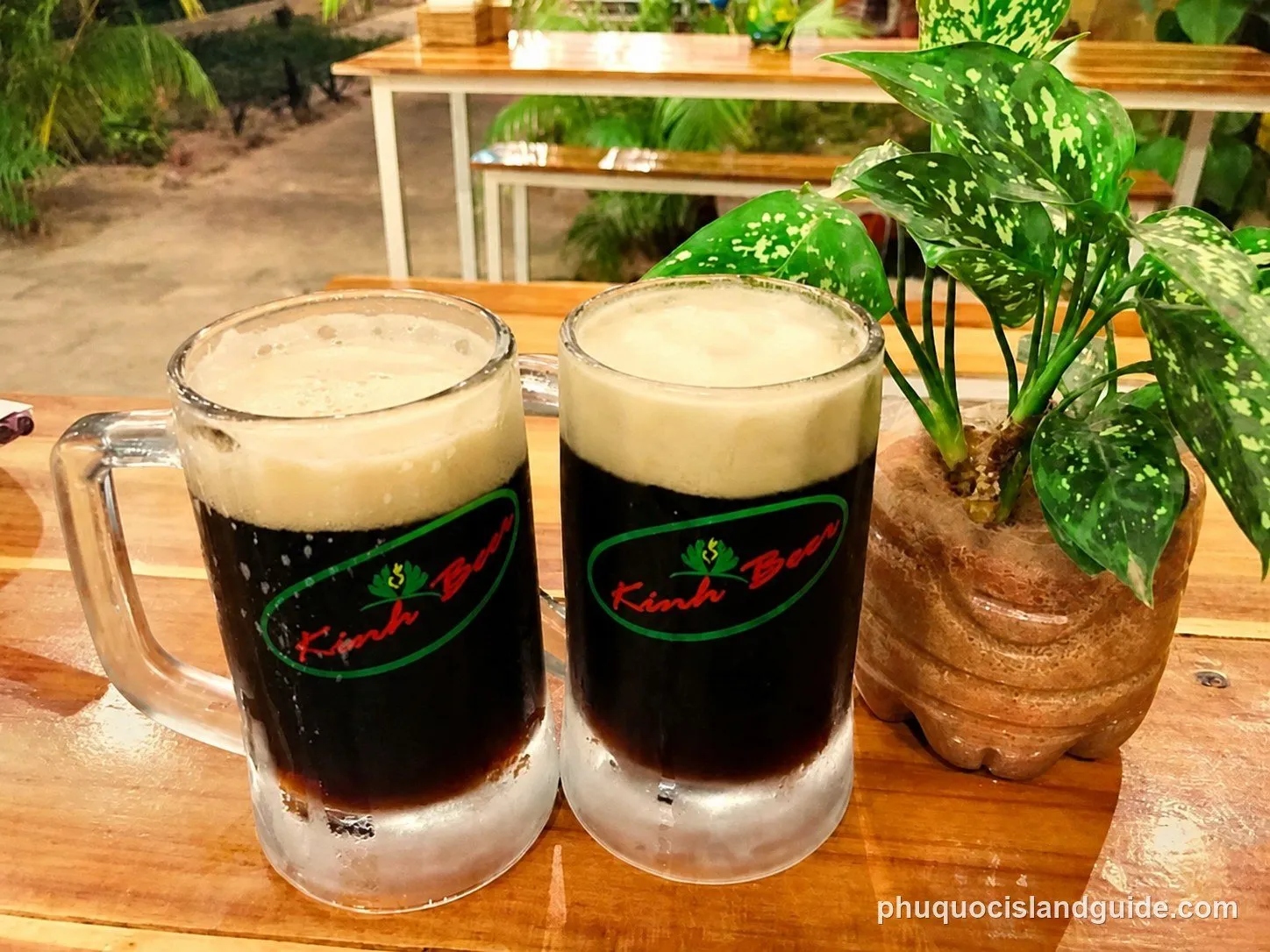 Two mugs of dark beer with foam on a wooden table, next to a potted green plant. The mugs have “Kinh Beer” written on them.