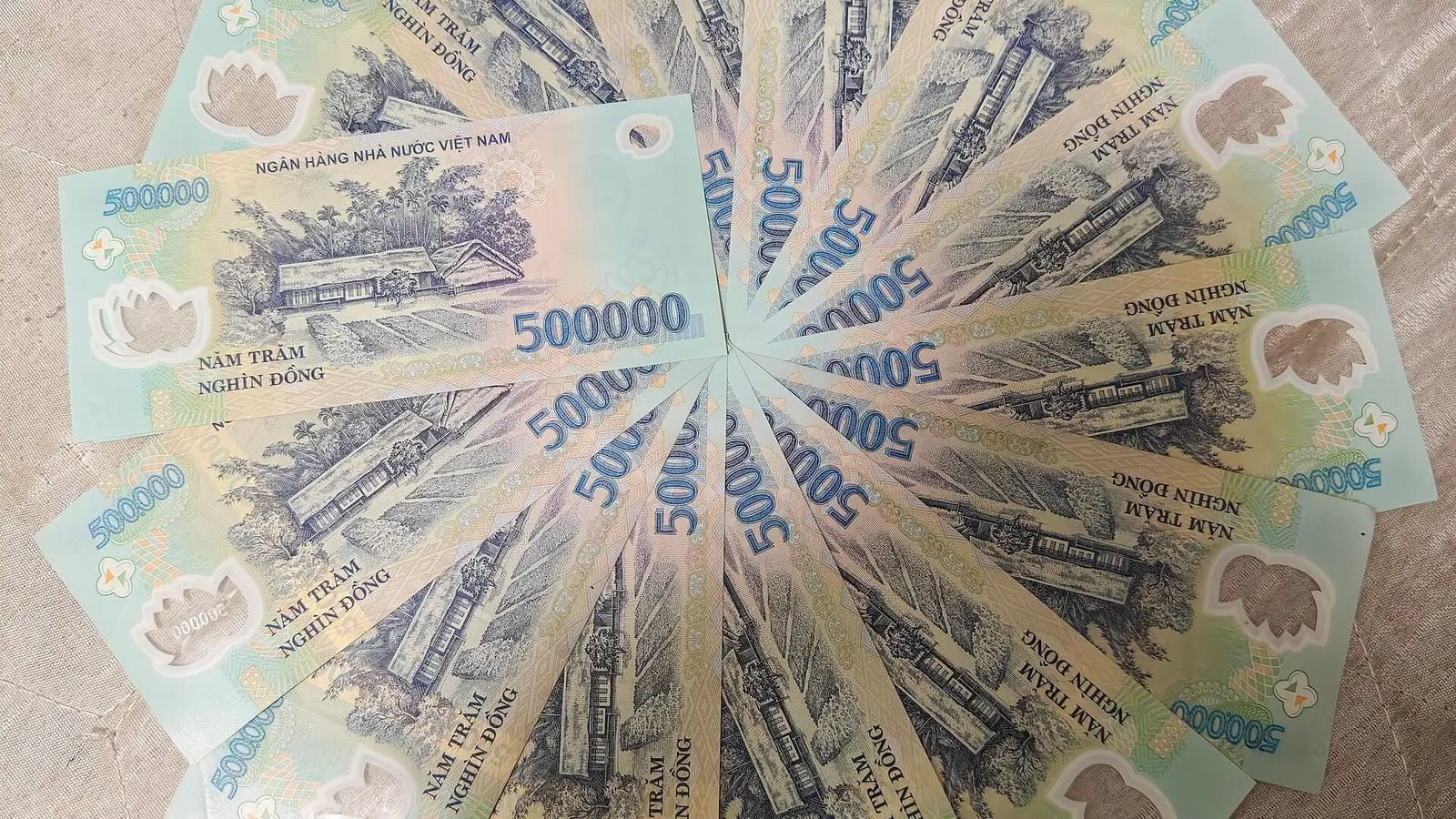 Several green 500,000-dong banknotes fanned out in a circle