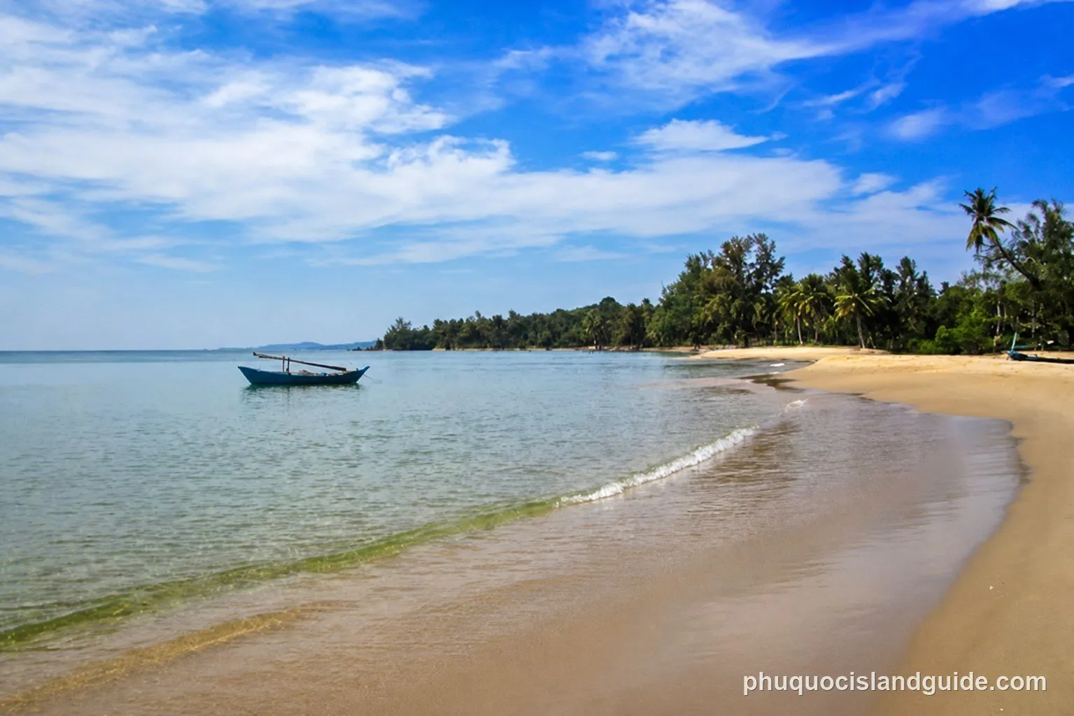 A serene tropical beach scene with a small boat floating on calm turquoise water, a sandy shore, and lush palm trees under a clear blue sky.