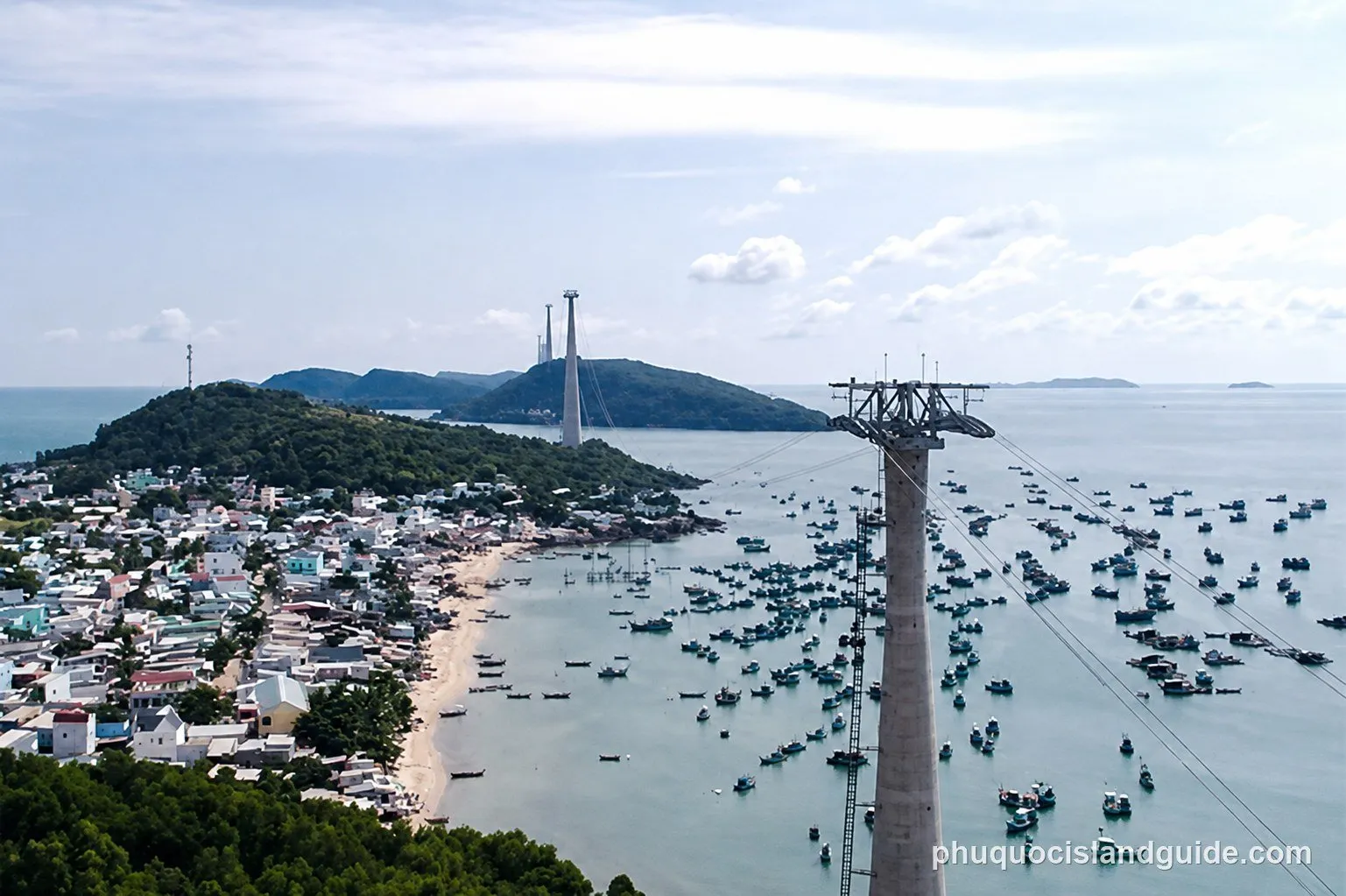 Aerial view of An Thoi town and its bay full of fishing boats