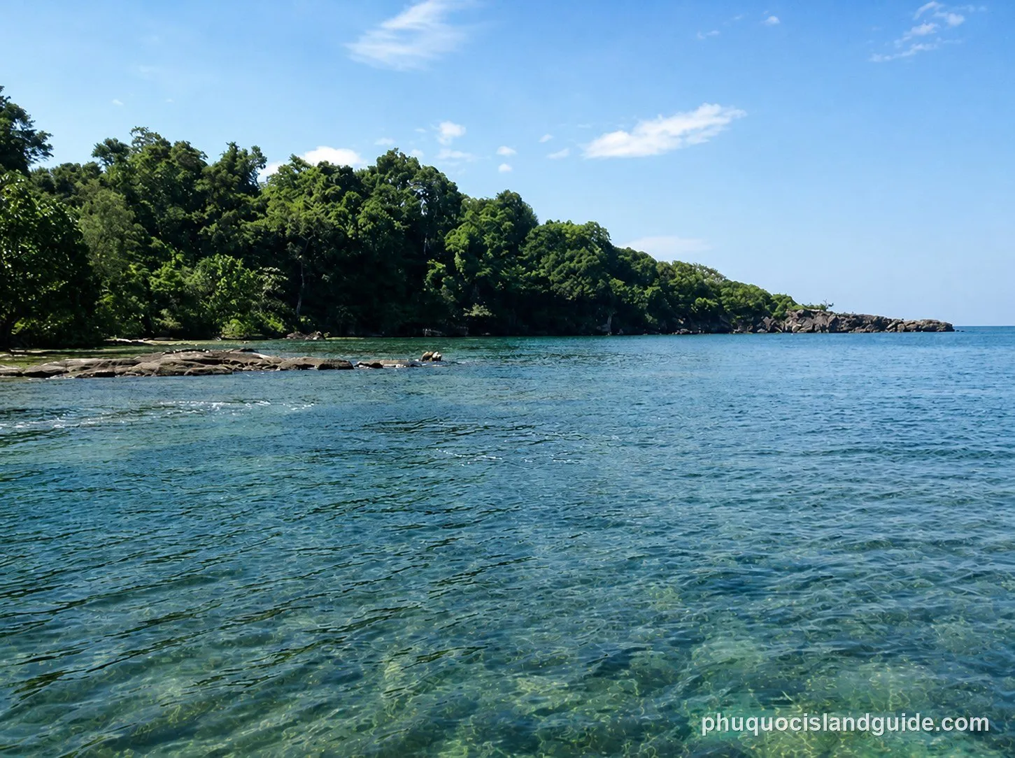 A clear blue sea with visible rocks and coral beneath the surface, leading to a lush green, rocky coastline under a bright blue sky.