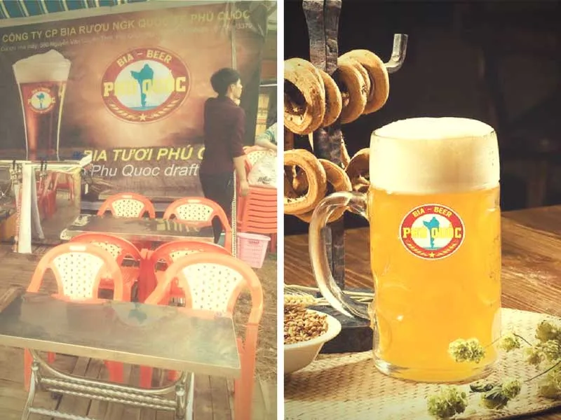A diptych: left shows an outdoor dining area with orange tables and chairs, and a large banner for Phu Quoc beer; right shows a close-up of a beer mug with a Phu Quoc label, hops