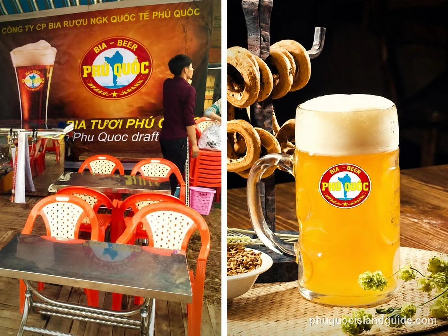 A diptych: left shows an outdoor dining area with orange tables and chairs, and a large banner for Phu Quoc beer; right shows a close-up of a beer mug with a Phu Quoc label, hops