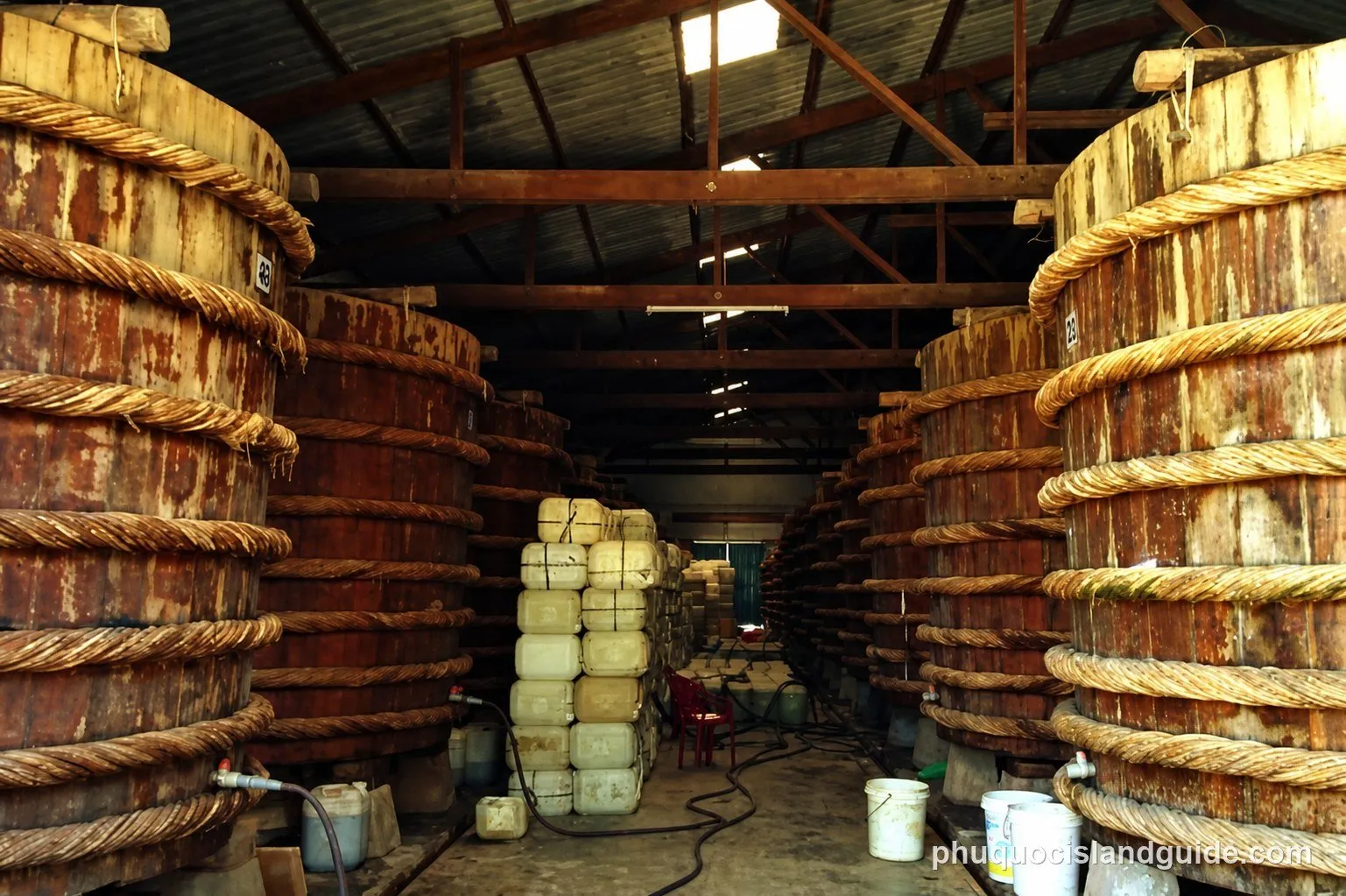 Rows of rope-bound hardwood fermentation vats inside a Phu Quoc fish sauce factory
