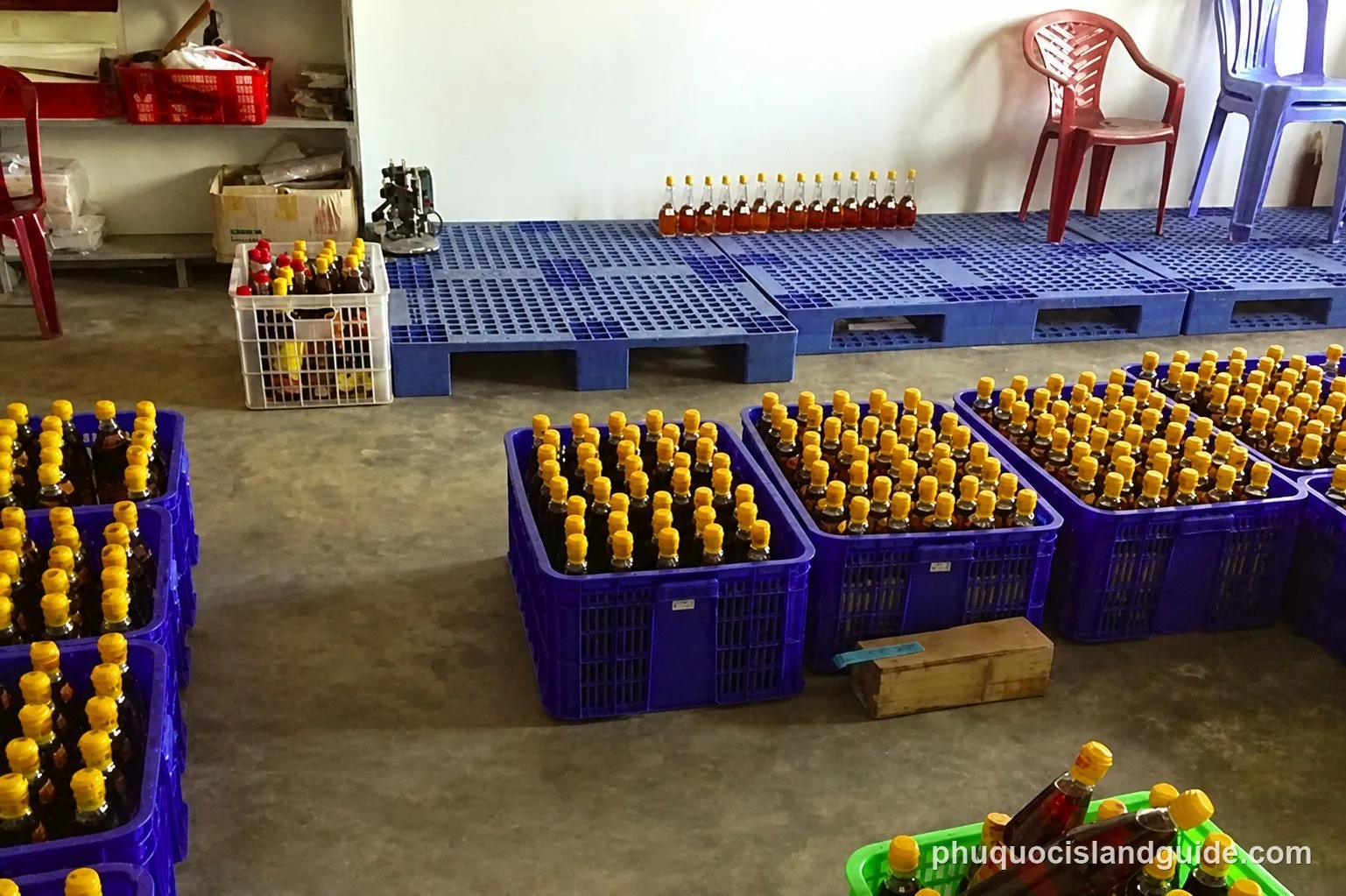 Crates of bottled Phu Quoc fish sauce ready to leave the factory