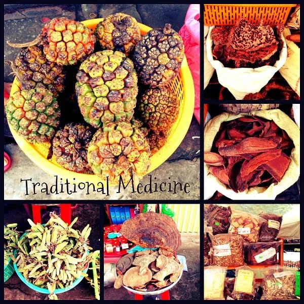 A collage of six photos showing various traditional medicine ingredients, including spiky fruits, dried roots, bark, leaves, and mushrooms, displayed in a market.