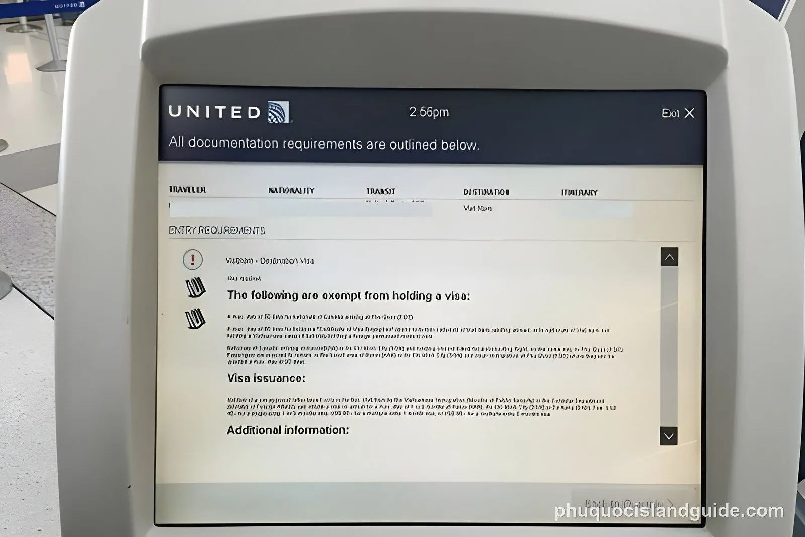 A close-up photo of an airport self-service kiosk screen displaying United Airlines documentation requirements for travel to Vietnam, including visa information.