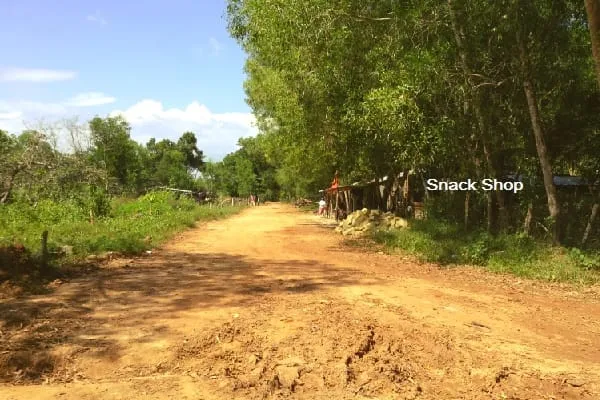 A rough dirt road winding through dense tropical foliage, with a small shack on the right side labeled “Snack Shop” under a bright sky.