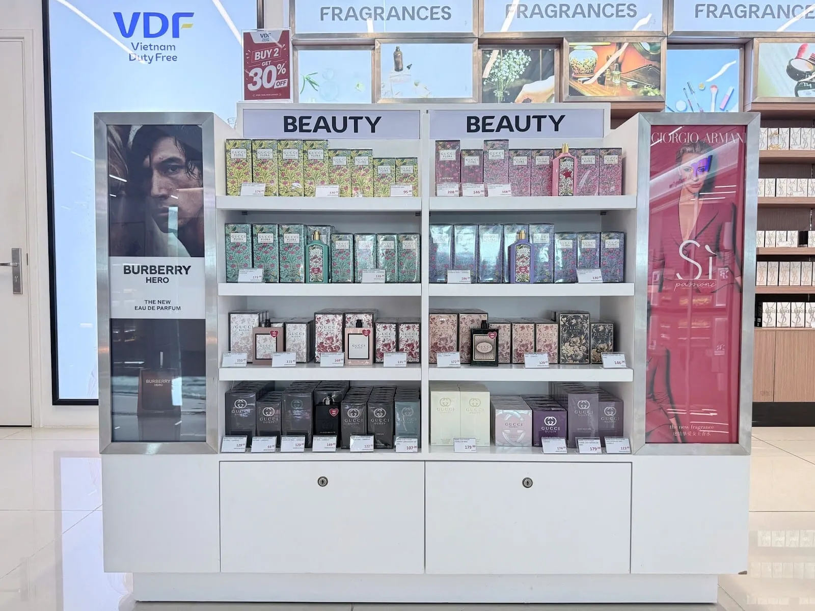 The entrance to the Vietnam Duty Free shop at Phu Quoc airport, with shelves of perfume and liquor
