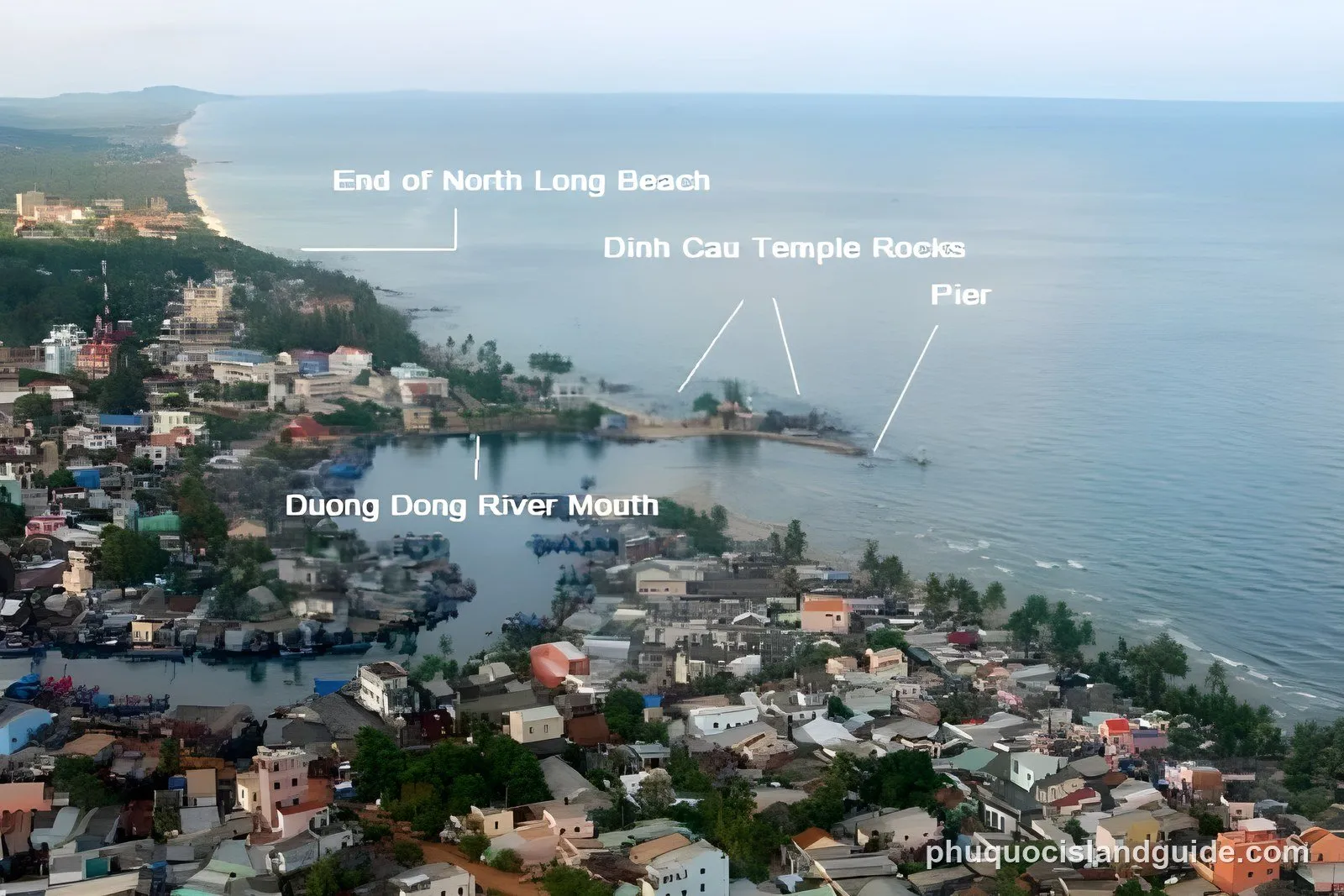 Aerial view of a coastal town, river mouth and pier
