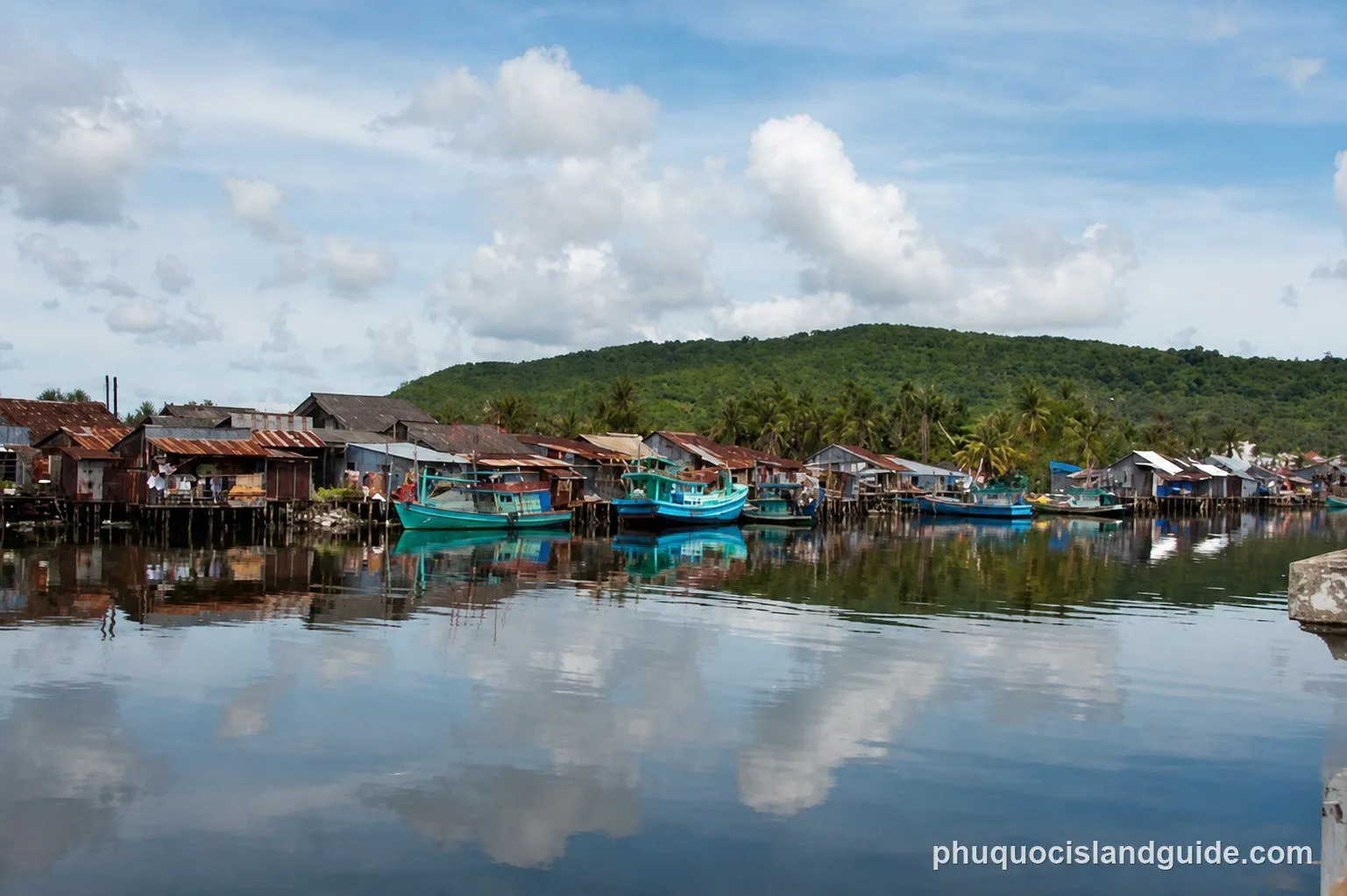 Stilt houses and fishing boats on calm water below a green hill