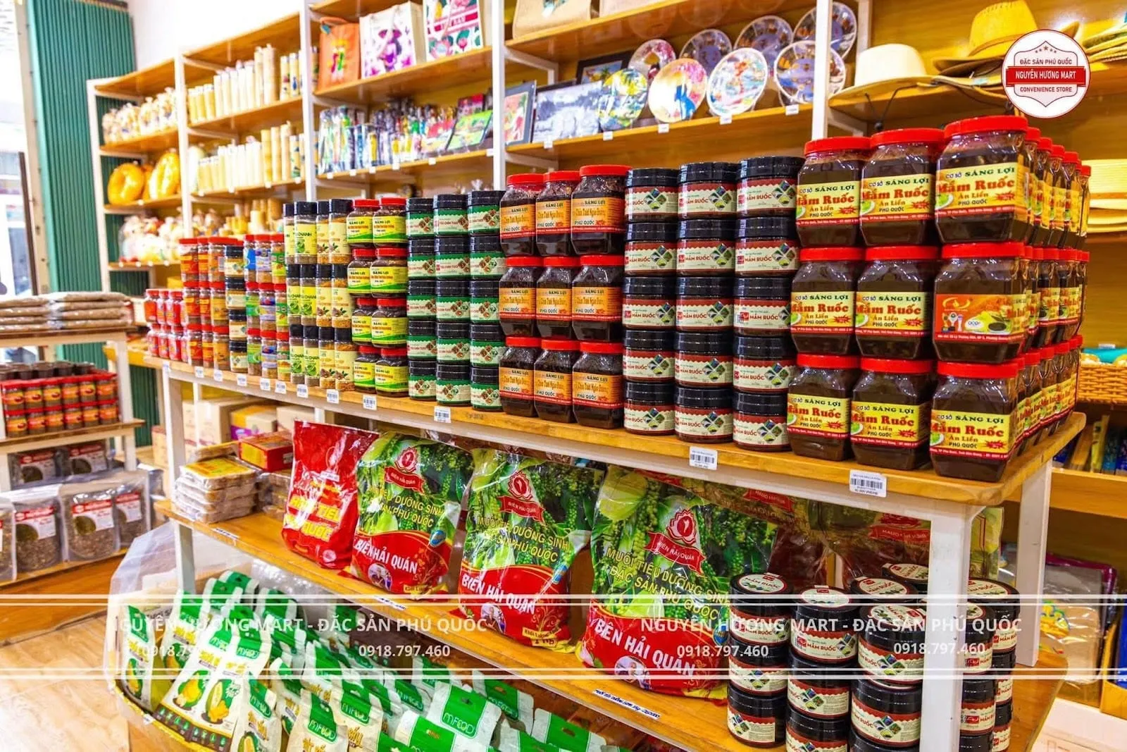 Shelves of Phu Quoc specialty foods — sauces, dried seafood and snacks — in a local food store