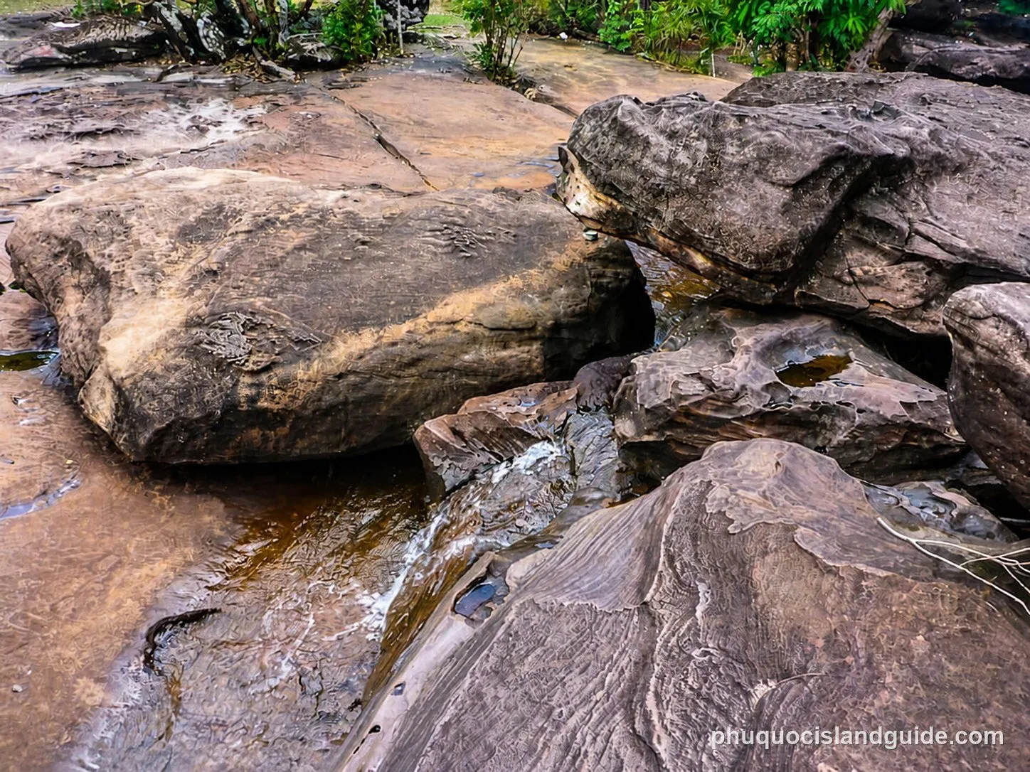 A close-up view of large, weathered rocks with a small stream of water flowing between them, surrounded by sparse tropical vegetation.