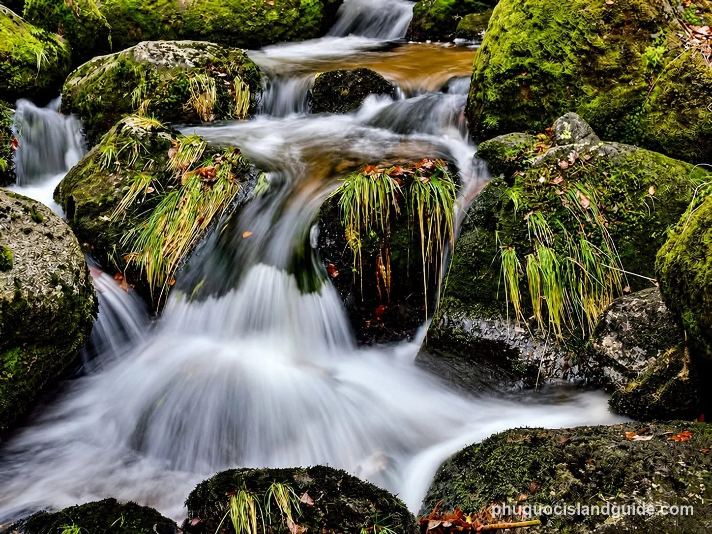 A long exposure shot of a small waterfall cascading over moss-covered rocks in a forest stream, with some fallen leaves visible.