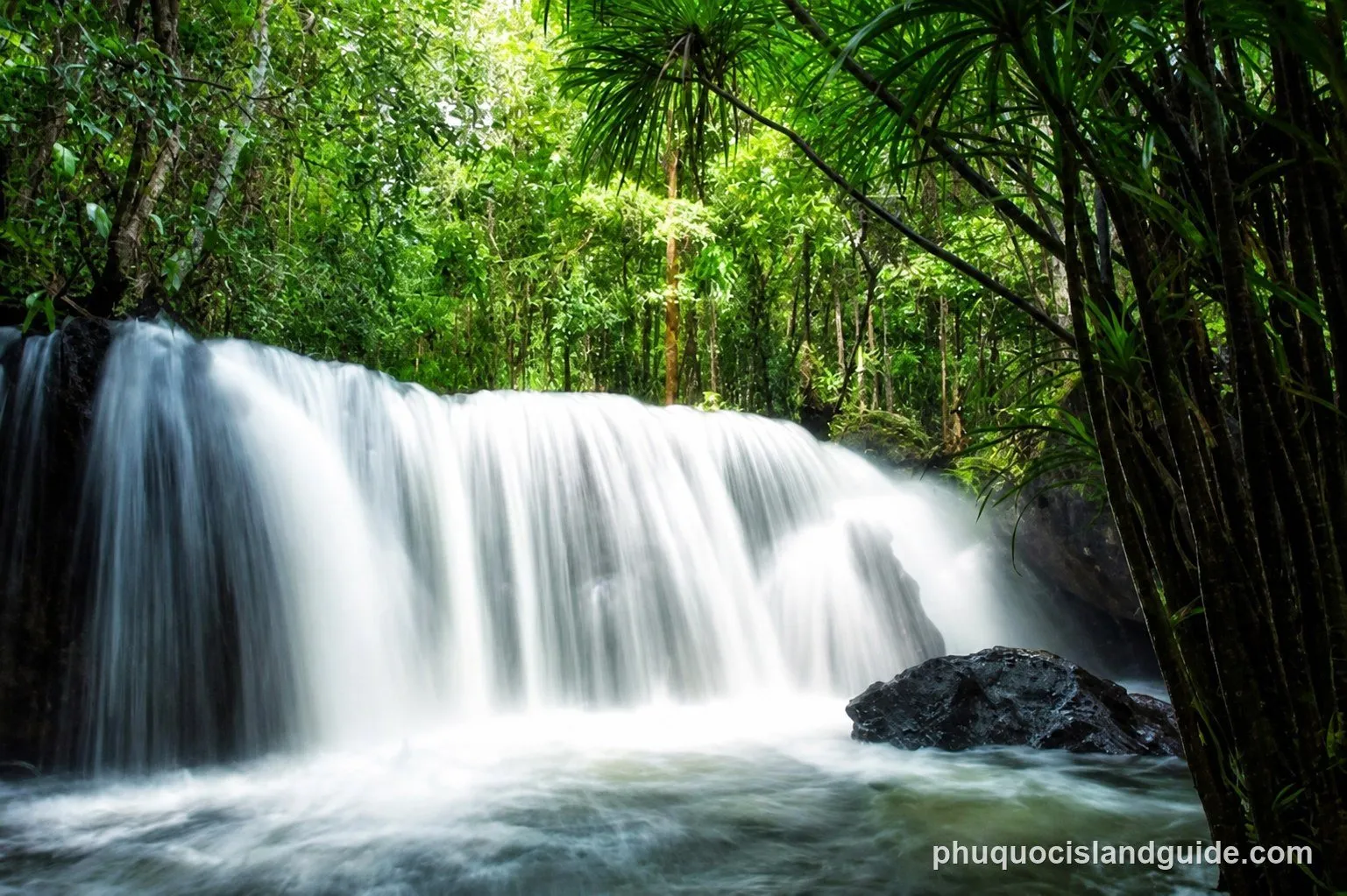 Suoi Tranh waterfall flowing over rocks in the forest