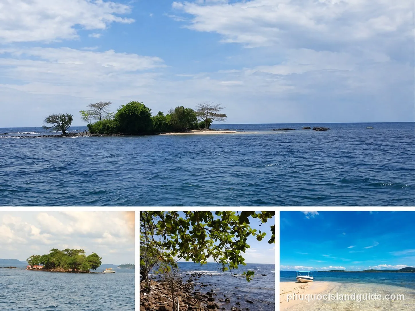 A collage of four tropical island scenes: a small island in the sea, another island with a boat, tree leaves over a rocky shore, and a sandy beach with a boat.