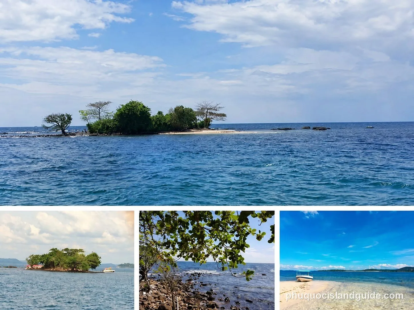 A collage of four tropical island scenes: a small island in the sea, another island with a boat, tree leaves over a rocky shore, and a sandy beach with a boat.