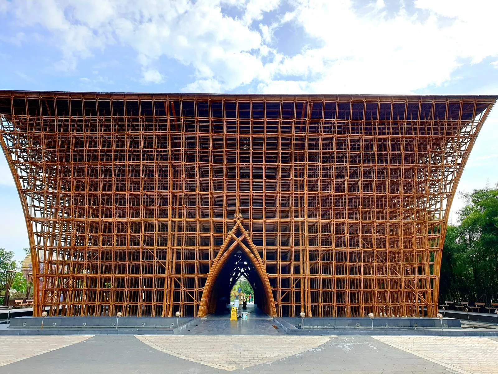A tall bamboo-framed pavilion at the VinWonders Phu Quoc theme park