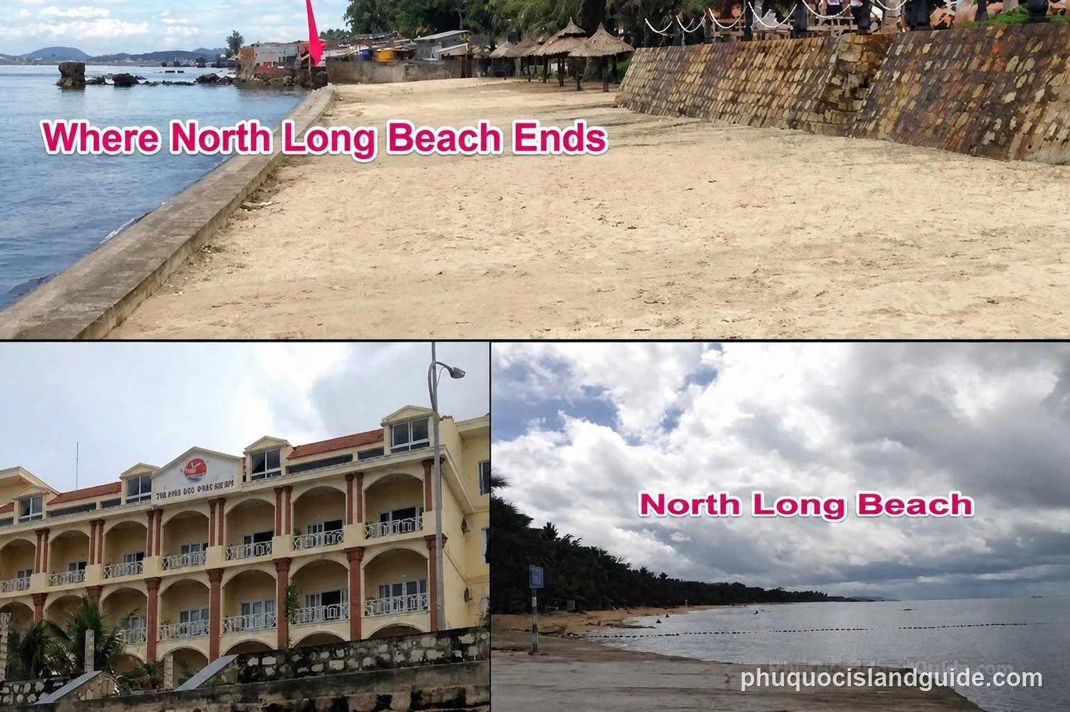 Three photos labelled “Where North Long Beach Ends”: a seawall cutting across the sand, a yellow guesthouse on the road behind it, and the grey open sand of North Long Beach