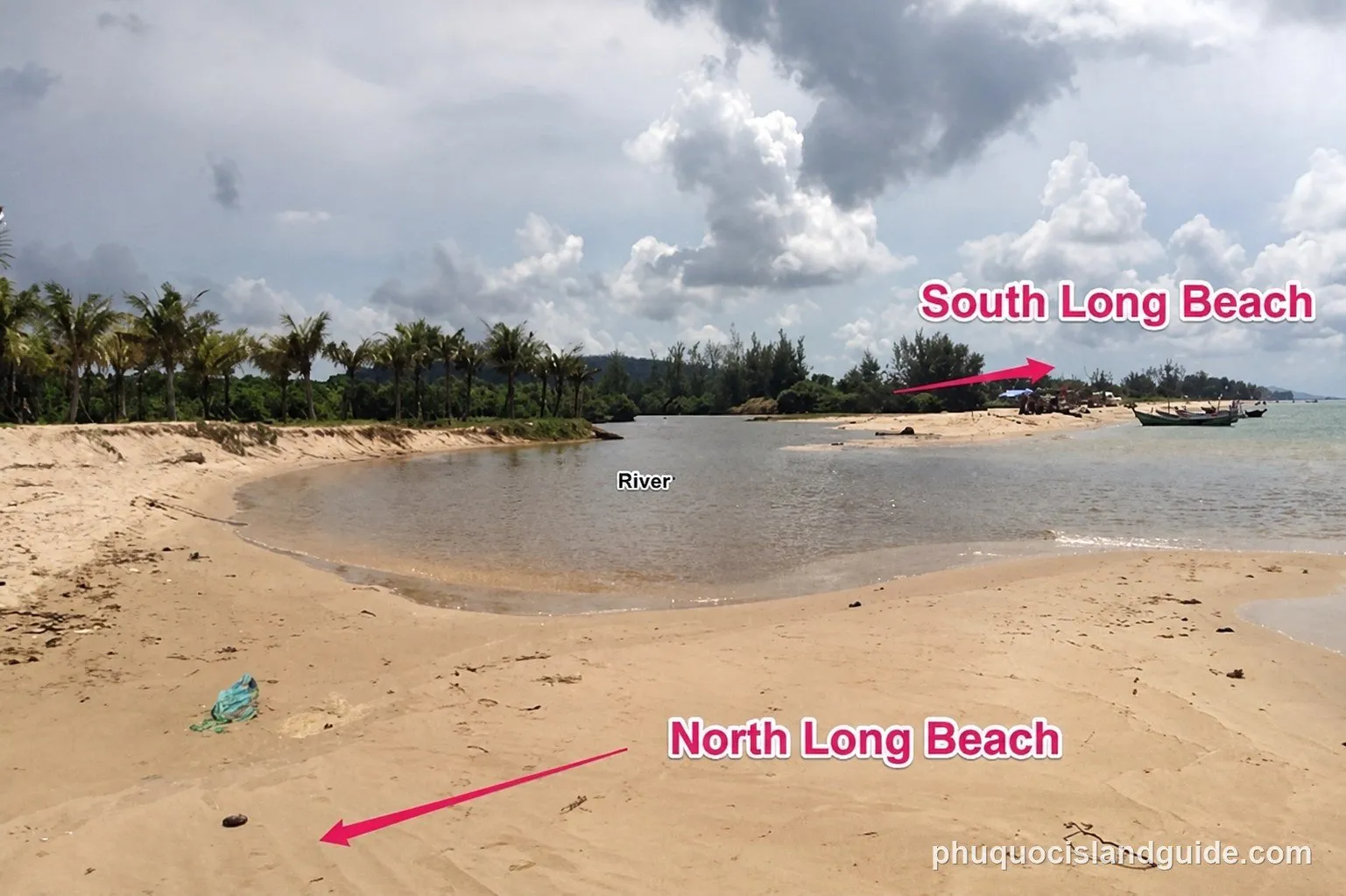 A sandy beach where a river meets the sea, with palm trees, boats, and labels for ‘North Long Beach’, ‘South Long Beach’, and ‘River’.