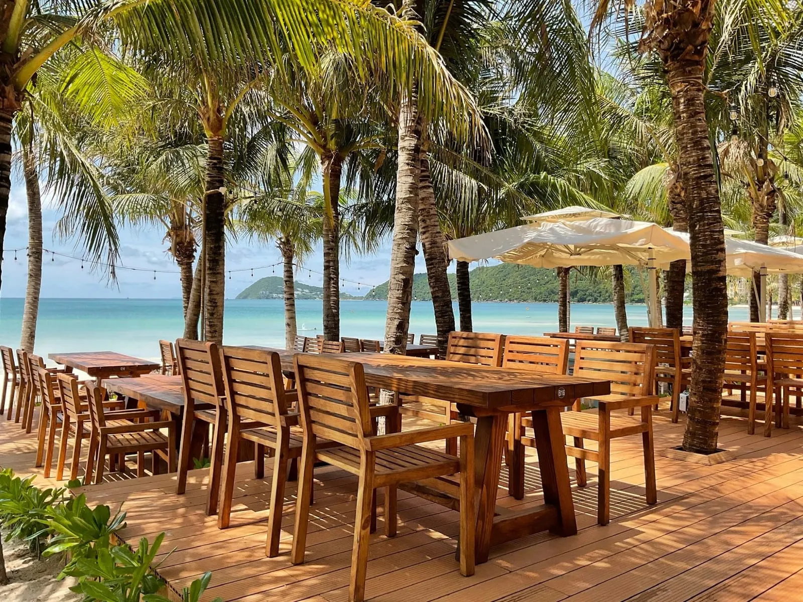 Tables under palm trees facing the sea at Ann Seafood near Bai Khem